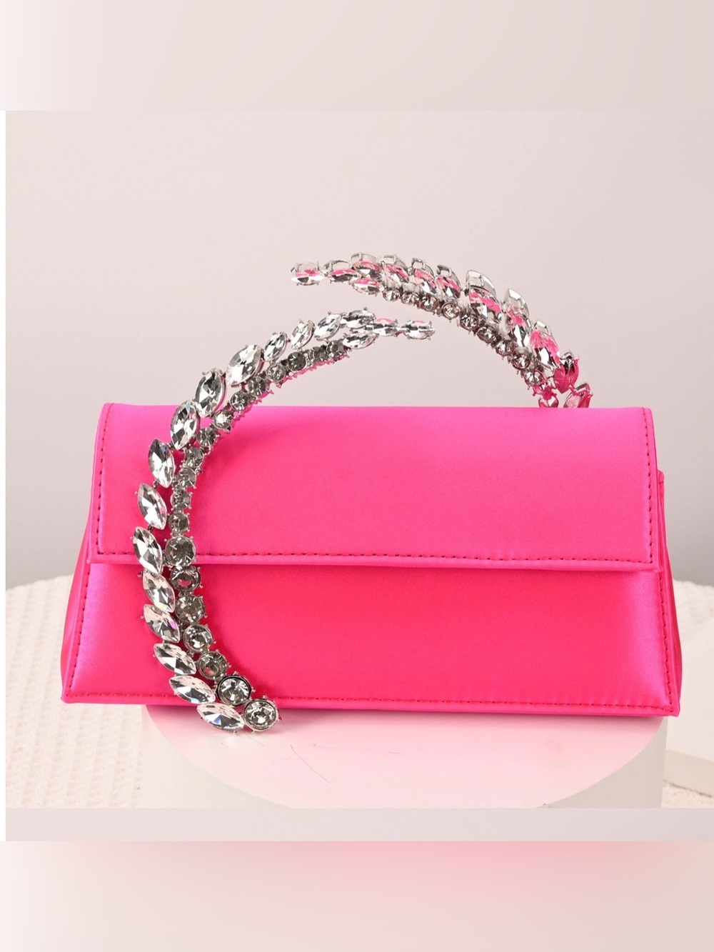 Cityclassified Hot Pink Satin Clutch with Crystal-Embellished Handle
